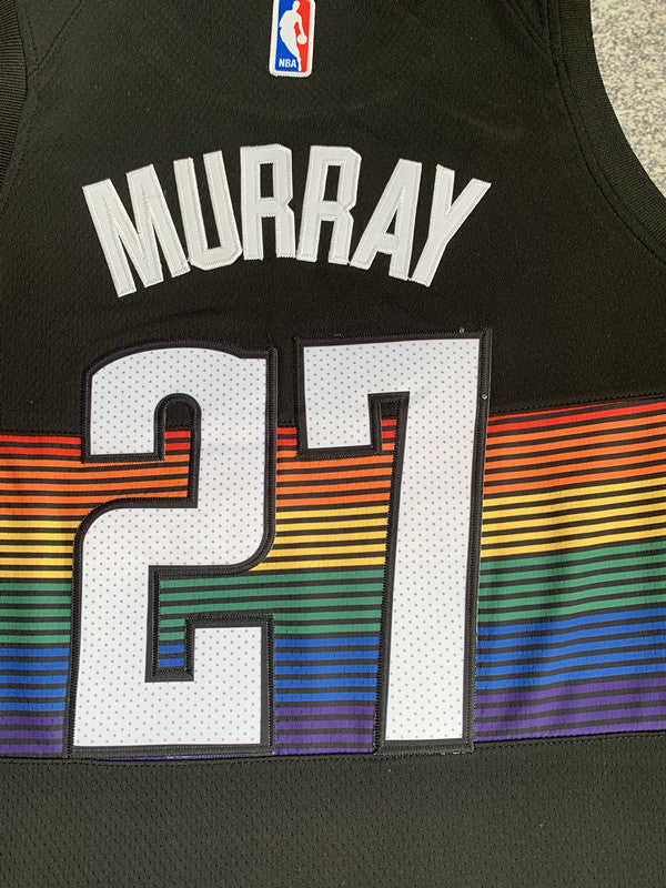 Multi-color Denver Nuggets basketball jersey, back lettering and number detail