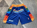 Multi-color Denver Nuggets premium basketball shorts, full front view