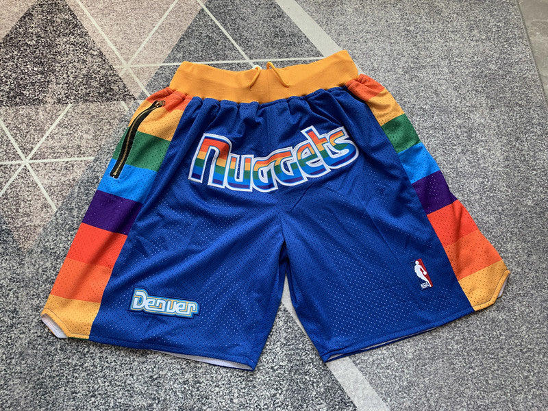 Multi-color Denver Nuggets premium basketball shorts, full front view