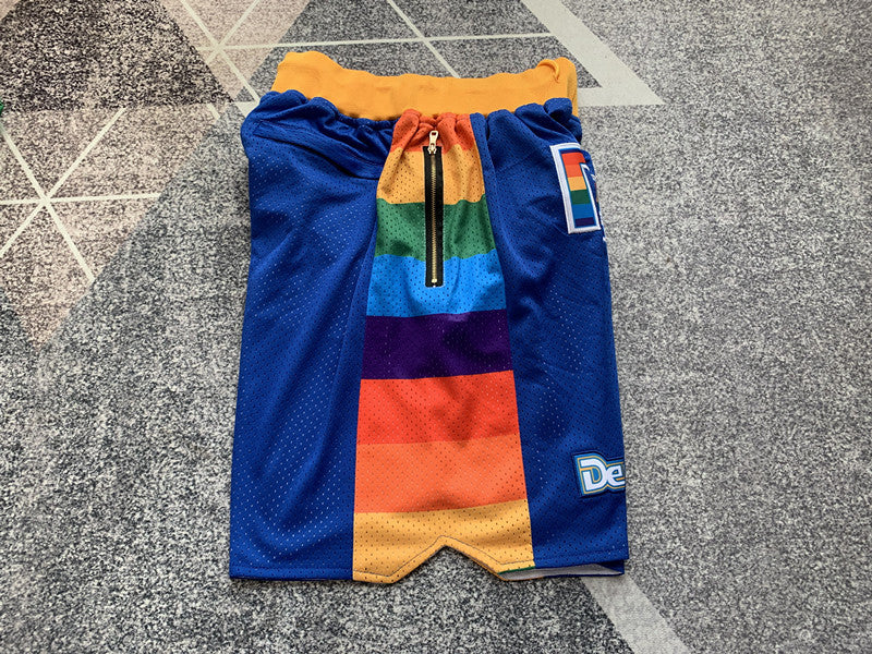 Multi-color Denver Nuggets premium basketball shorts, side panel detail