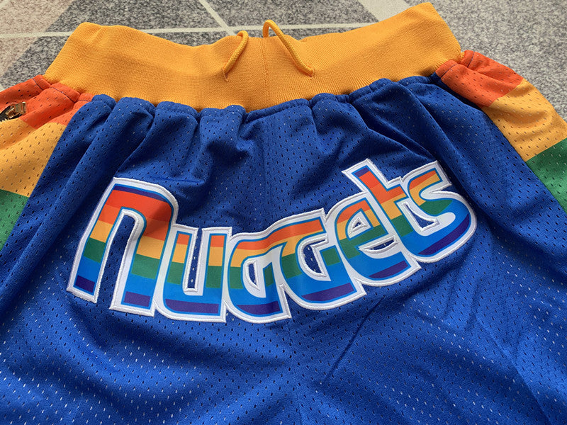 Multi-color Denver Nuggets premium basketball shorts, graphic detail