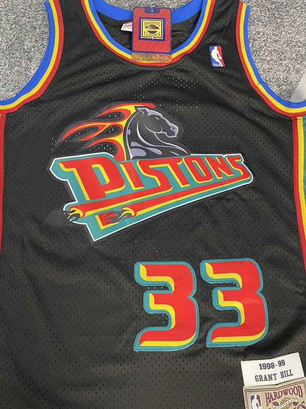 Black Detroit Pistons basketball jersey, front graphic detail