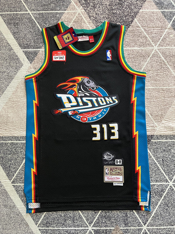 Black Detroit Pistons basketball jersey, full front view
