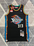 Black Detroit Pistons basketball jersey, full front view