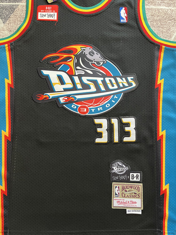 Black Detroit Pistons basketball jersey, front graphic detail