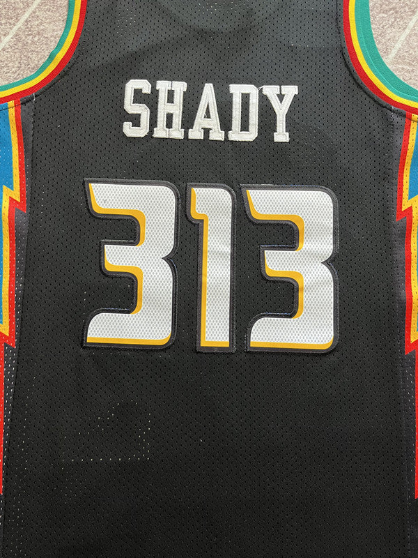 Black Detroit Pistons basketball jersey, back lettering and number detail