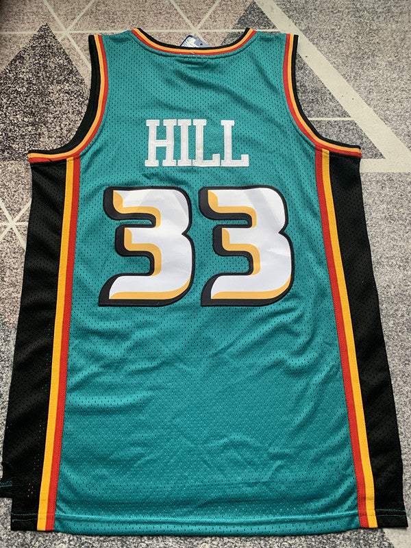 Green Detroit Pistons basketball jersey, full back view