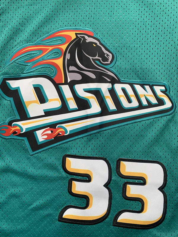 Green Detroit Pistons basketball jersey, front graphic detail