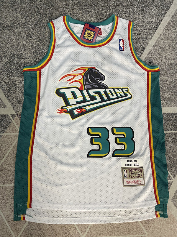 White Detroit Pistons basketball jersey, full front view