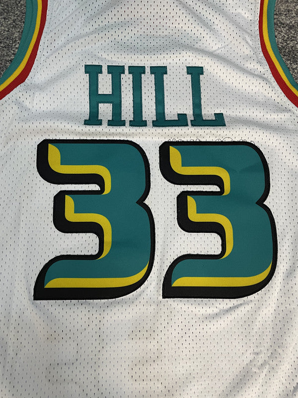 White Detroit Pistons basketball jersey, back lettering and number detail