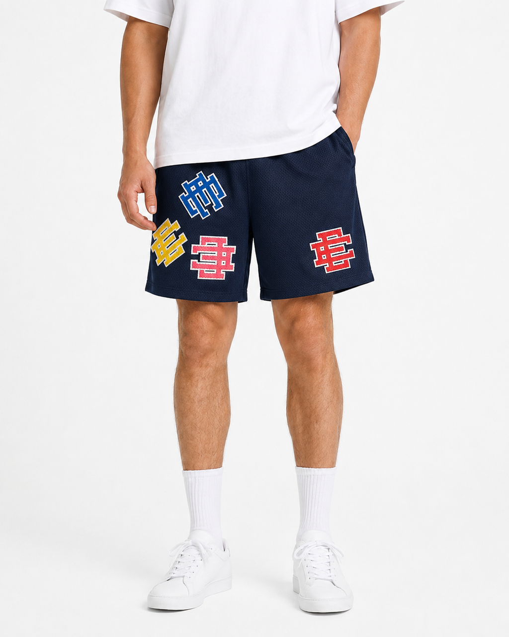 Navy Patchwork mesh shorts - back angle view