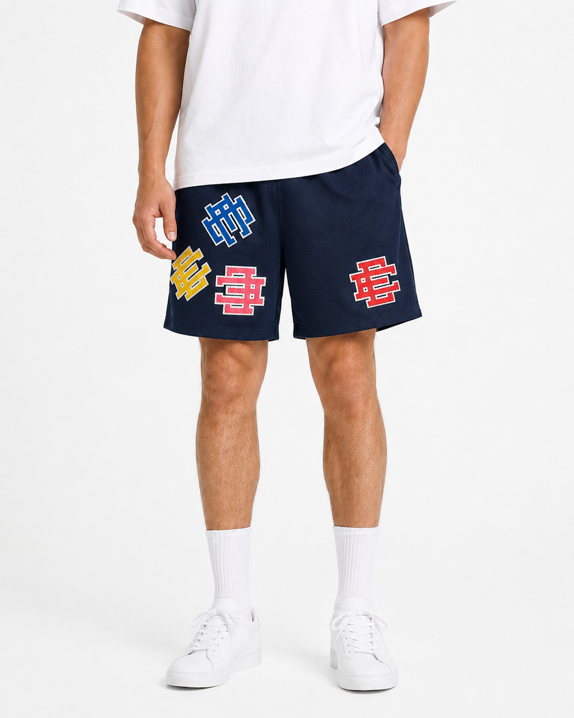 Navy Patchwork mesh shorts - back angle view