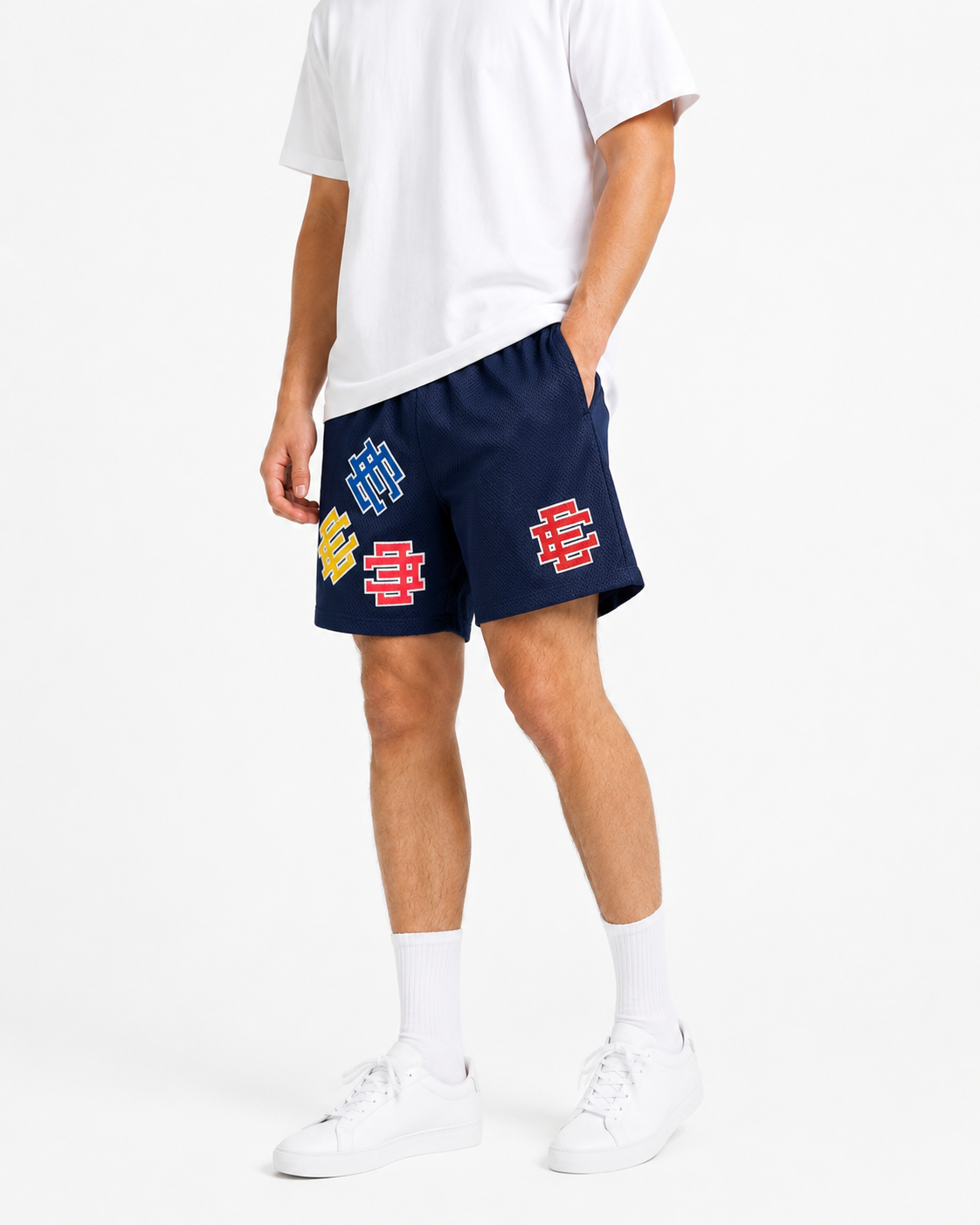 Navy Patchwork mesh shorts - lifestyle view