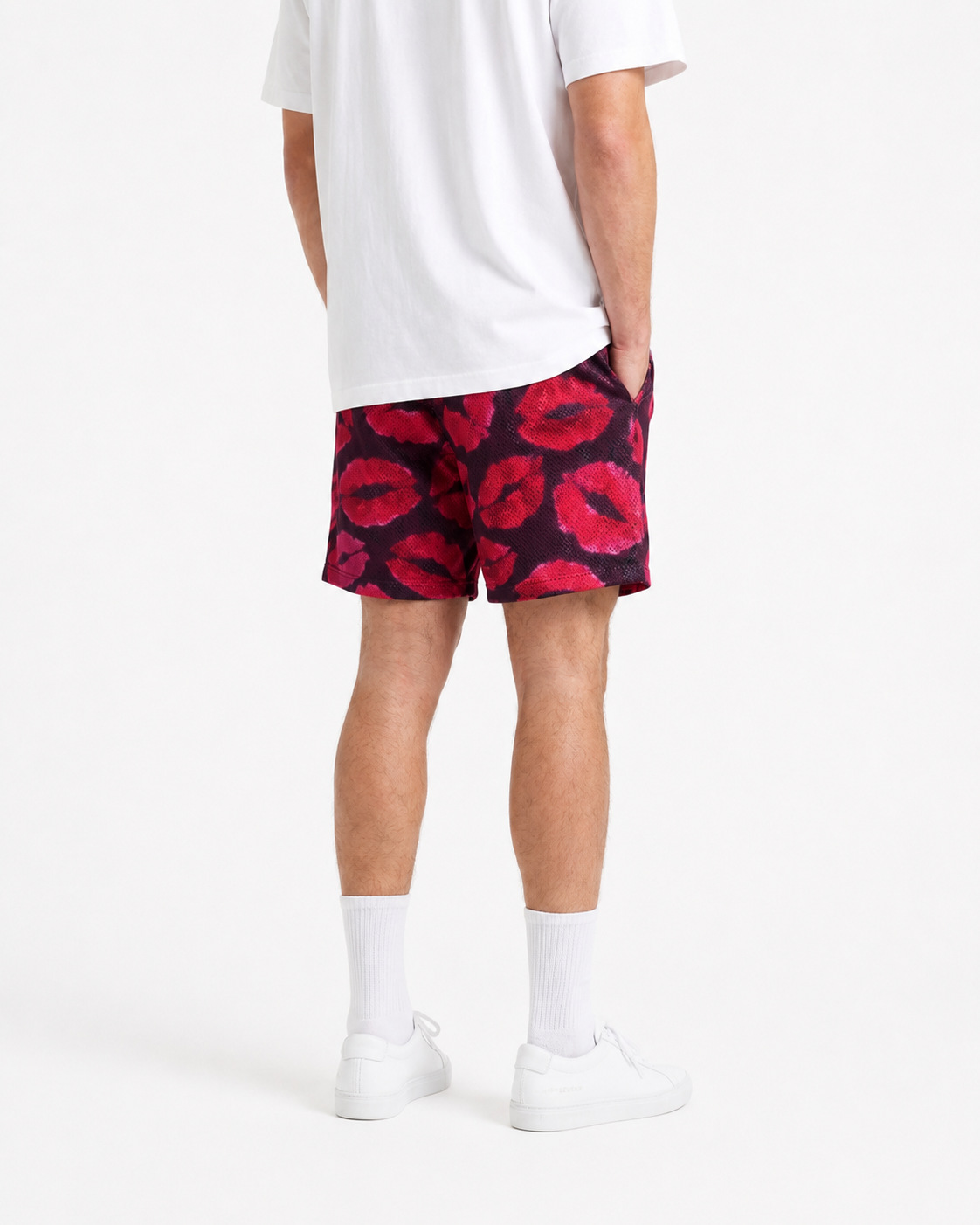 Crimson Poppy mesh shorts - lifestyle view