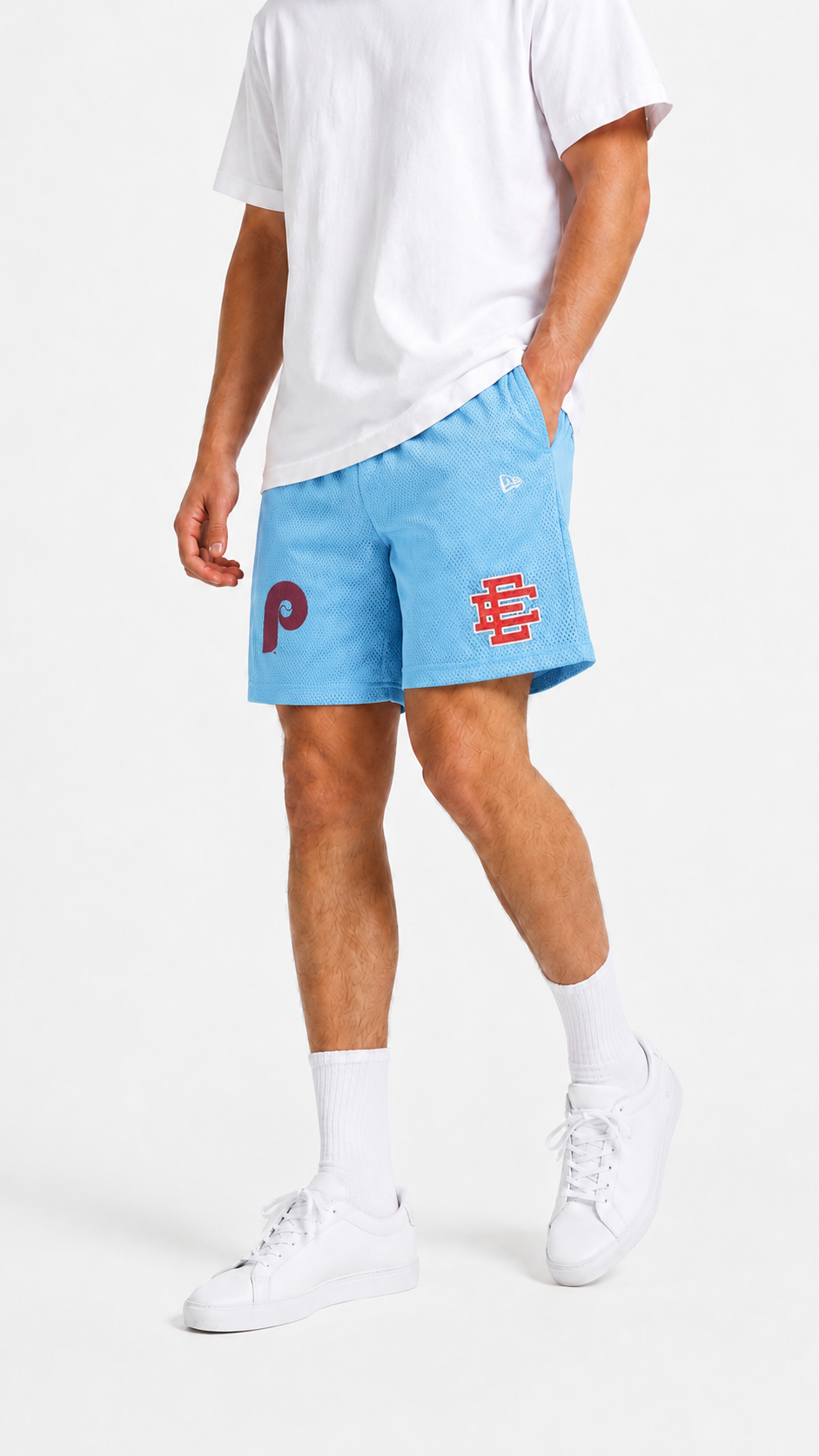 Powder Blue Phillies mesh shorts - lifestyle view