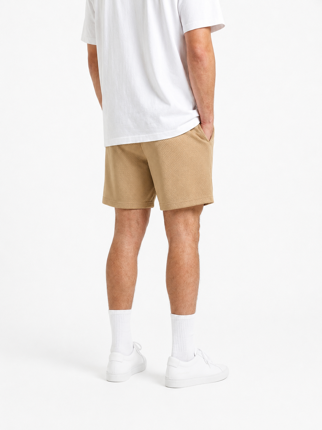 Sand Beige mesh shorts - lifestyle view