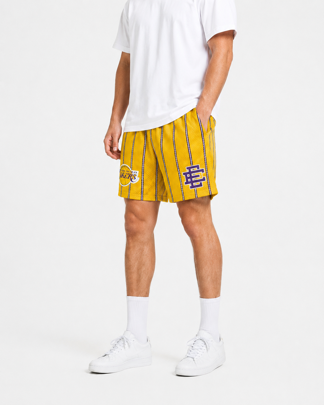 Gold Lakers Stripe mesh shorts - lifestyle view