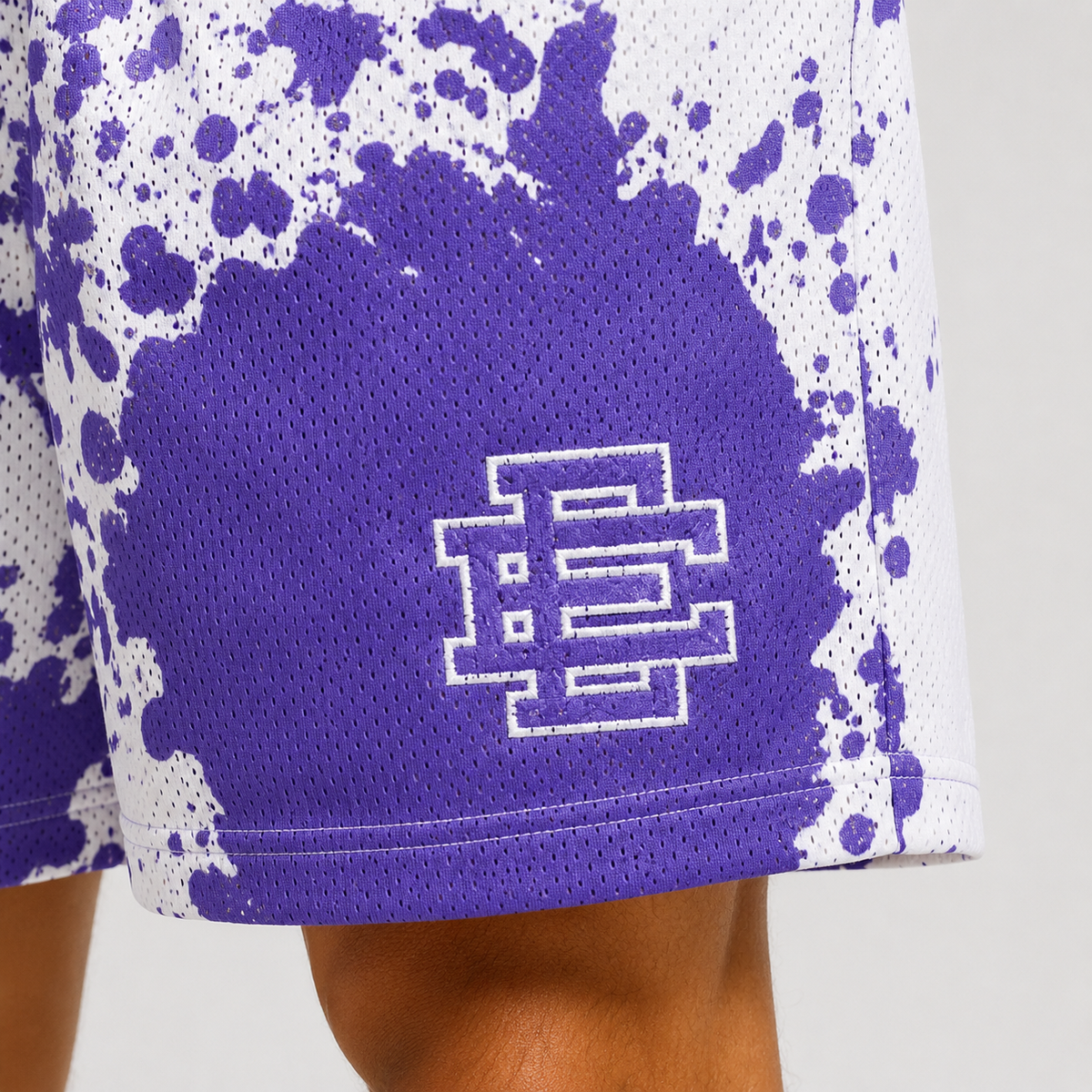 Purple Splash mesh shorts - detail view