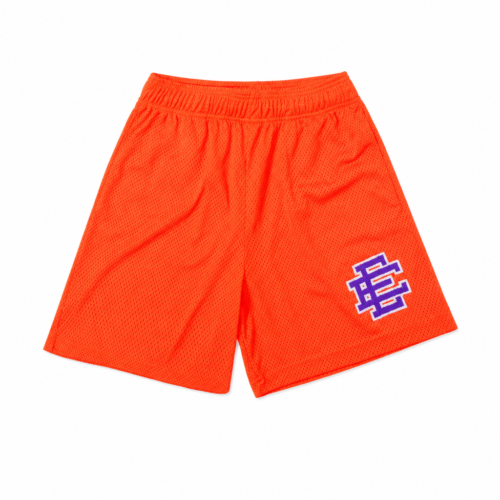 Neon Orange mesh shorts - detail view
