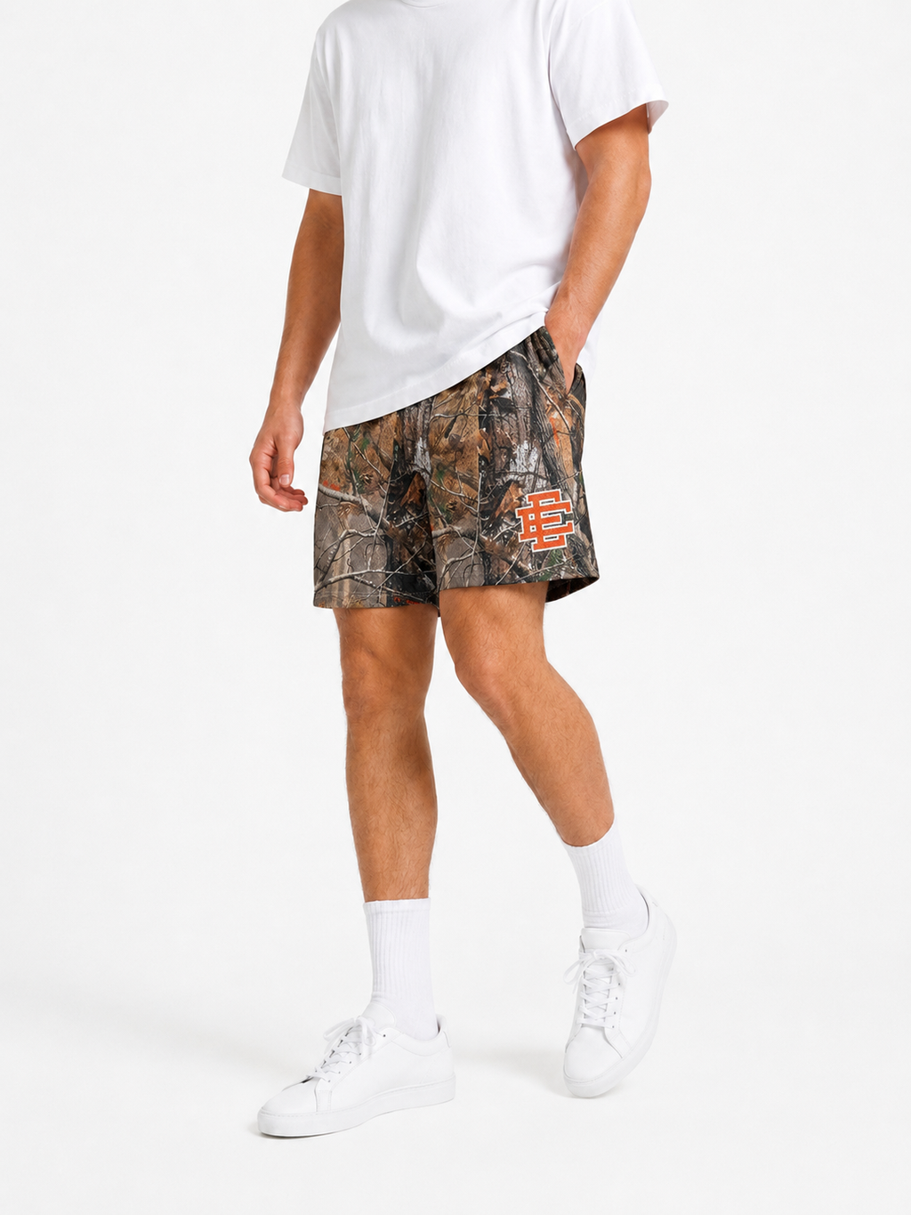 Realtree Orange mesh shorts - front angle view