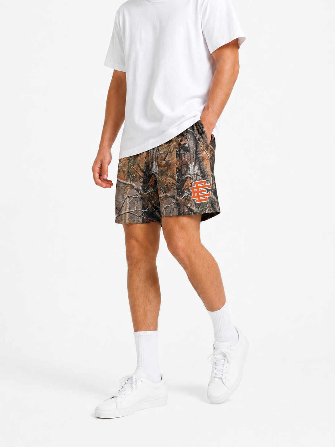 Realtree Orange mesh shorts - front angle view