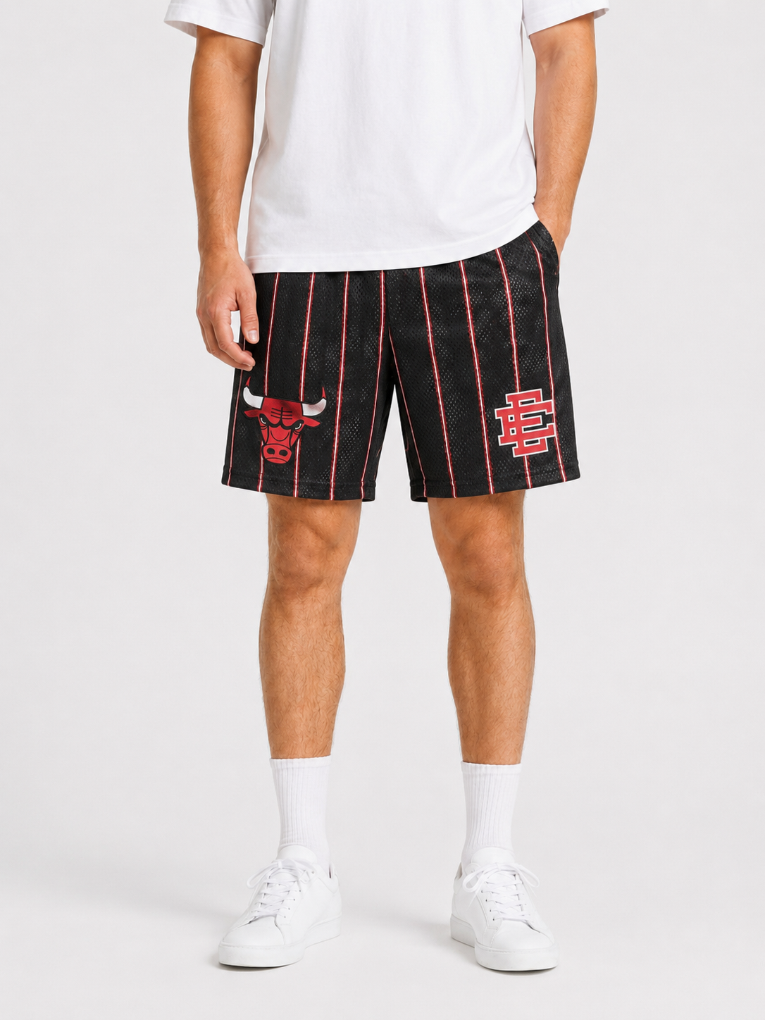 Black Bulls Pinstripe mesh shorts - front angle view
