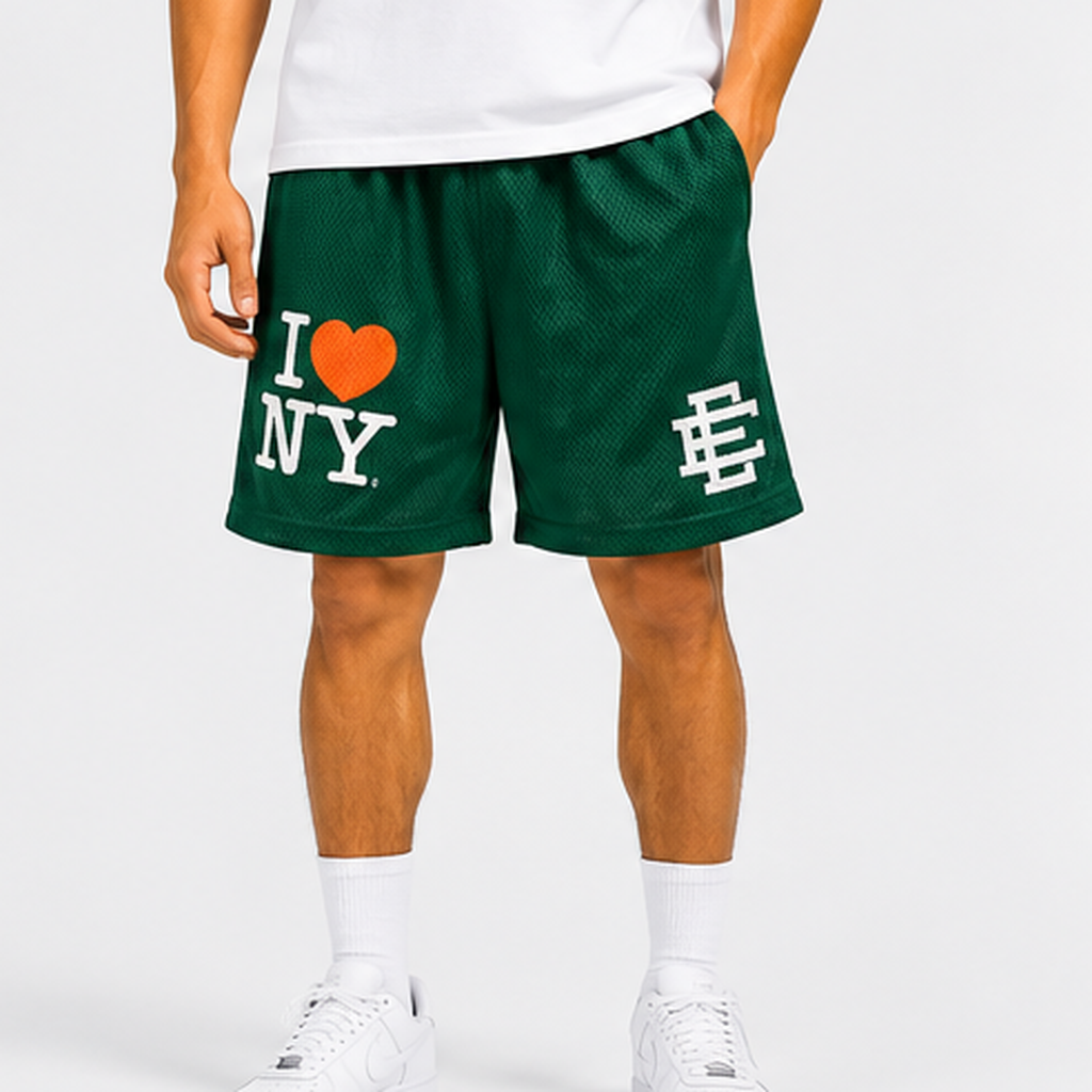 I Love NY Green mesh shorts - front angle view