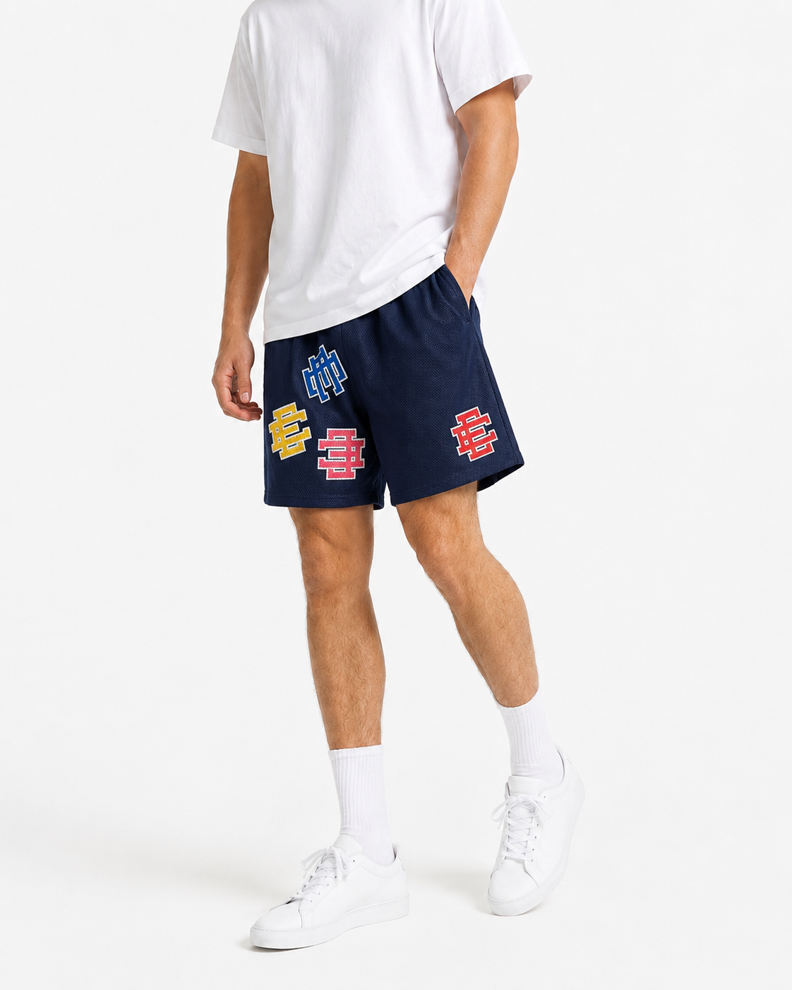 Navy Patchwork mesh shorts - front angle view