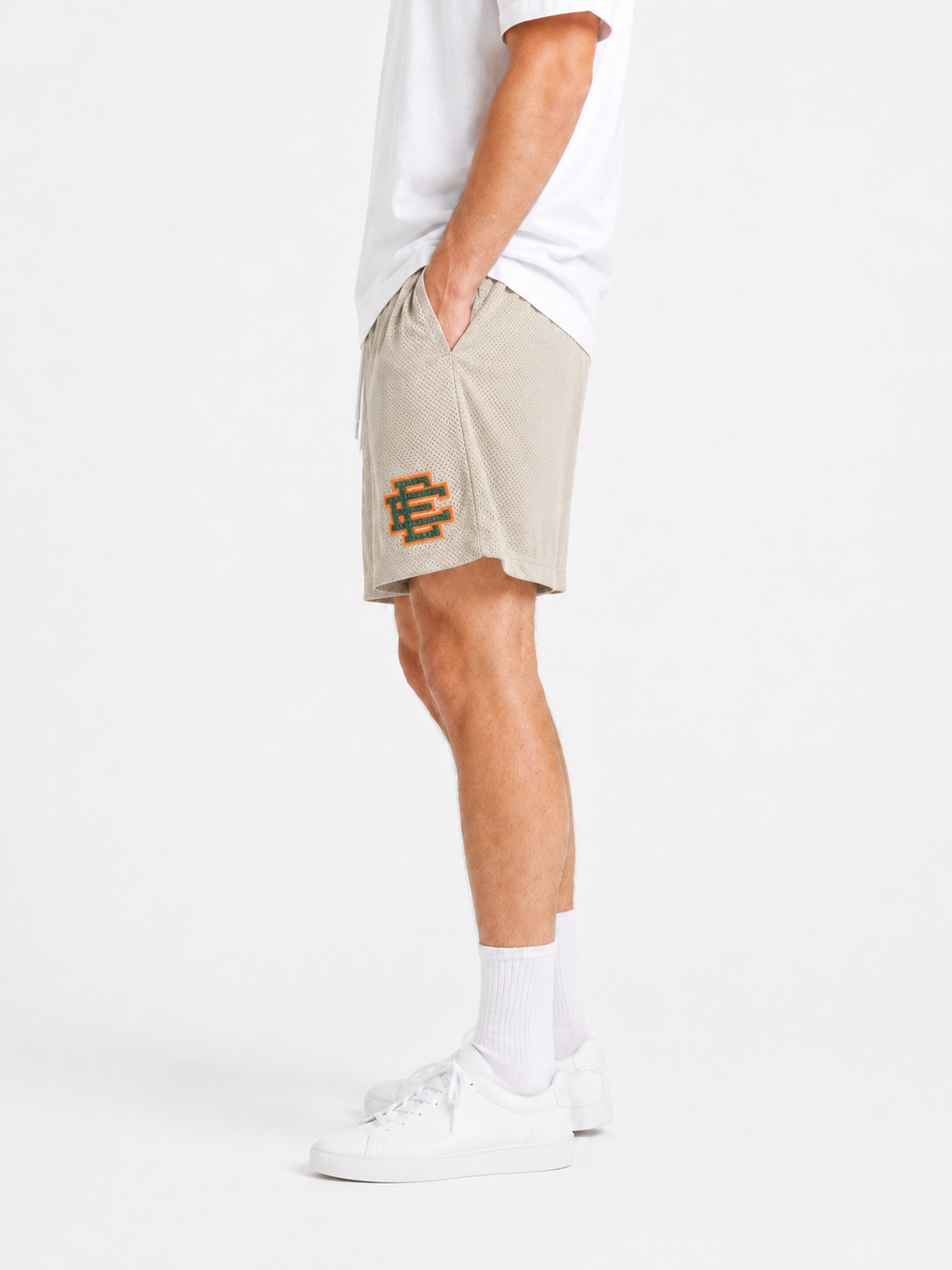 Satin Silver mesh shorts - side view