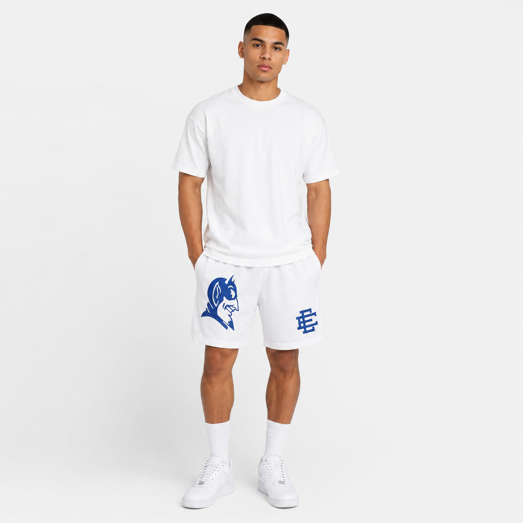 White Blue Devil mesh shorts - front angle view