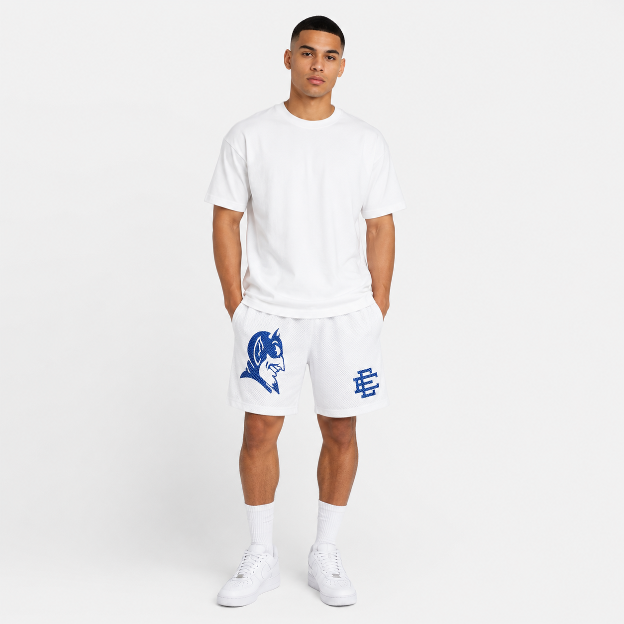 White Blue Devil mesh shorts - front angle view