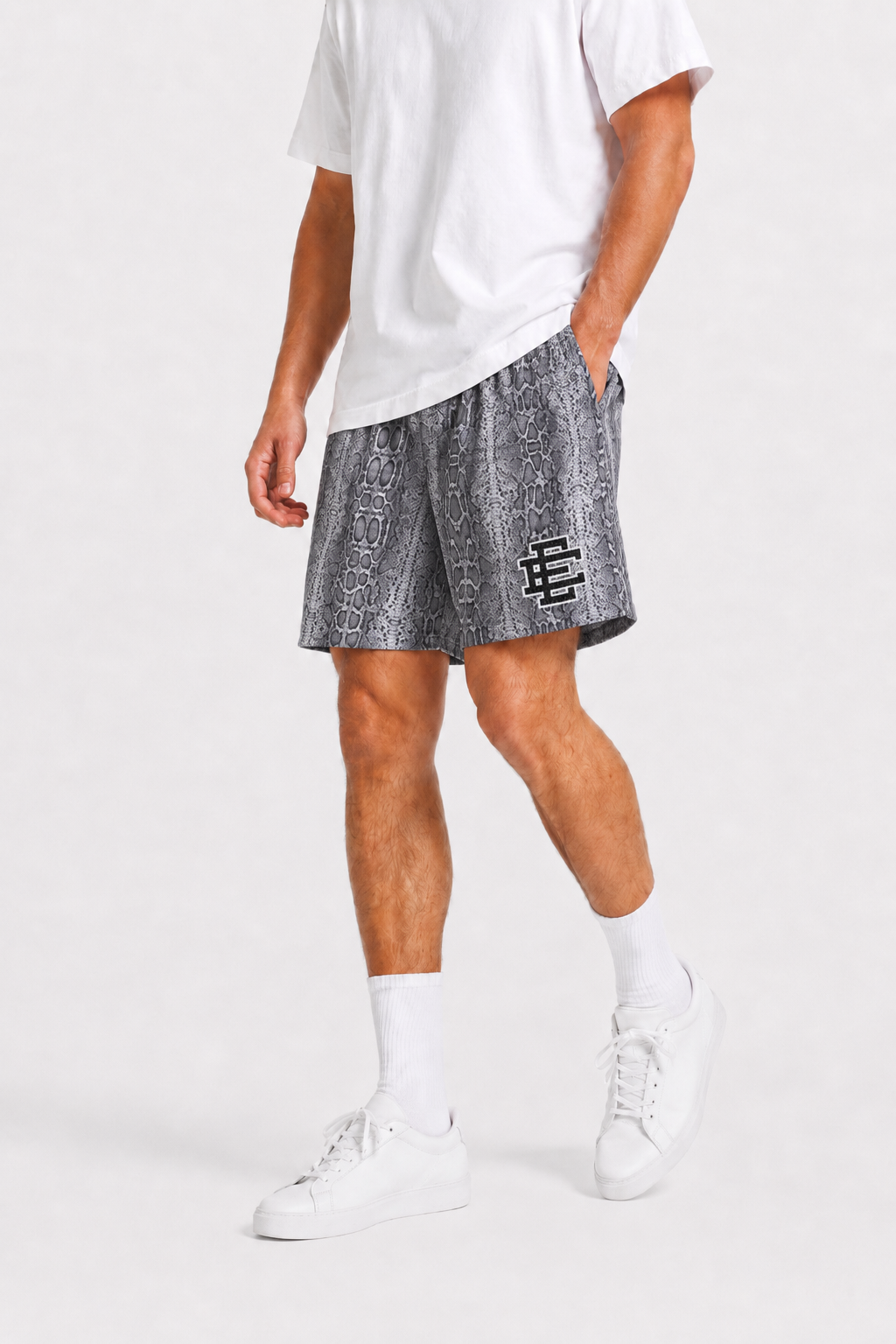 Silver Snakeskin mesh shorts - front angle view