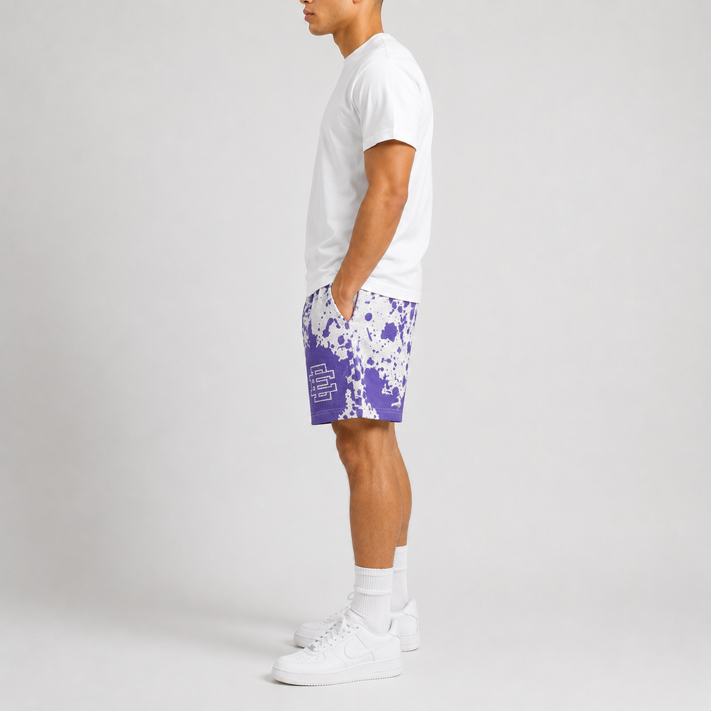 Purple Splash mesh shorts - back angle view