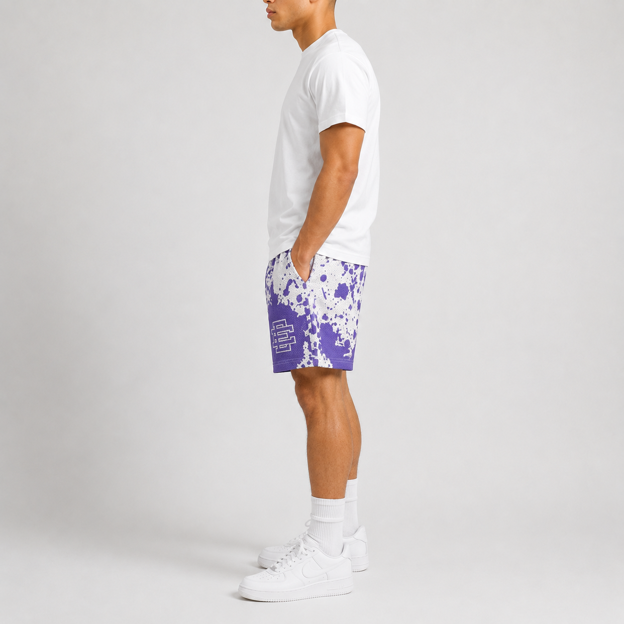 Purple Splash mesh shorts - back angle view