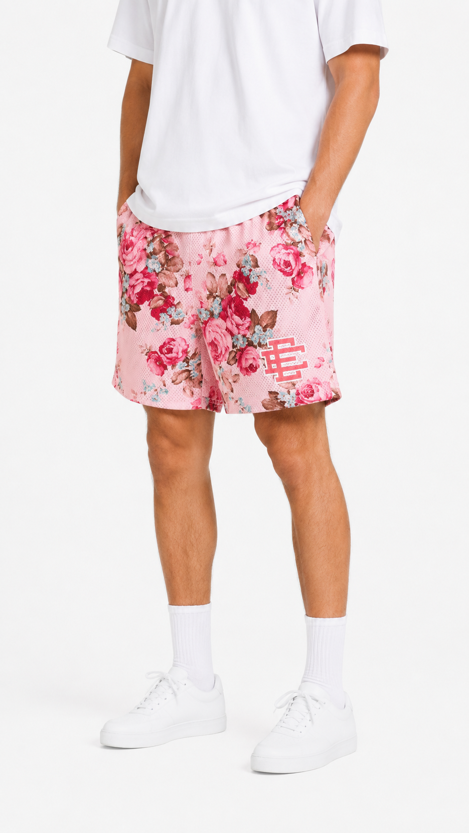 Pink Rose Garden mesh shorts - lifestyle view