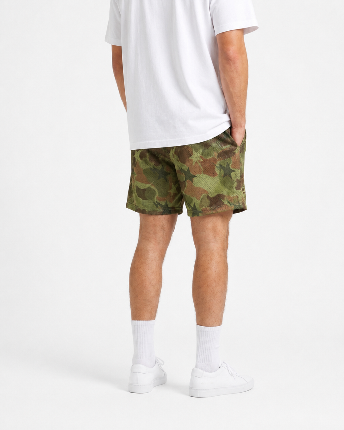 Olive Camo mesh shorts - lifestyle view