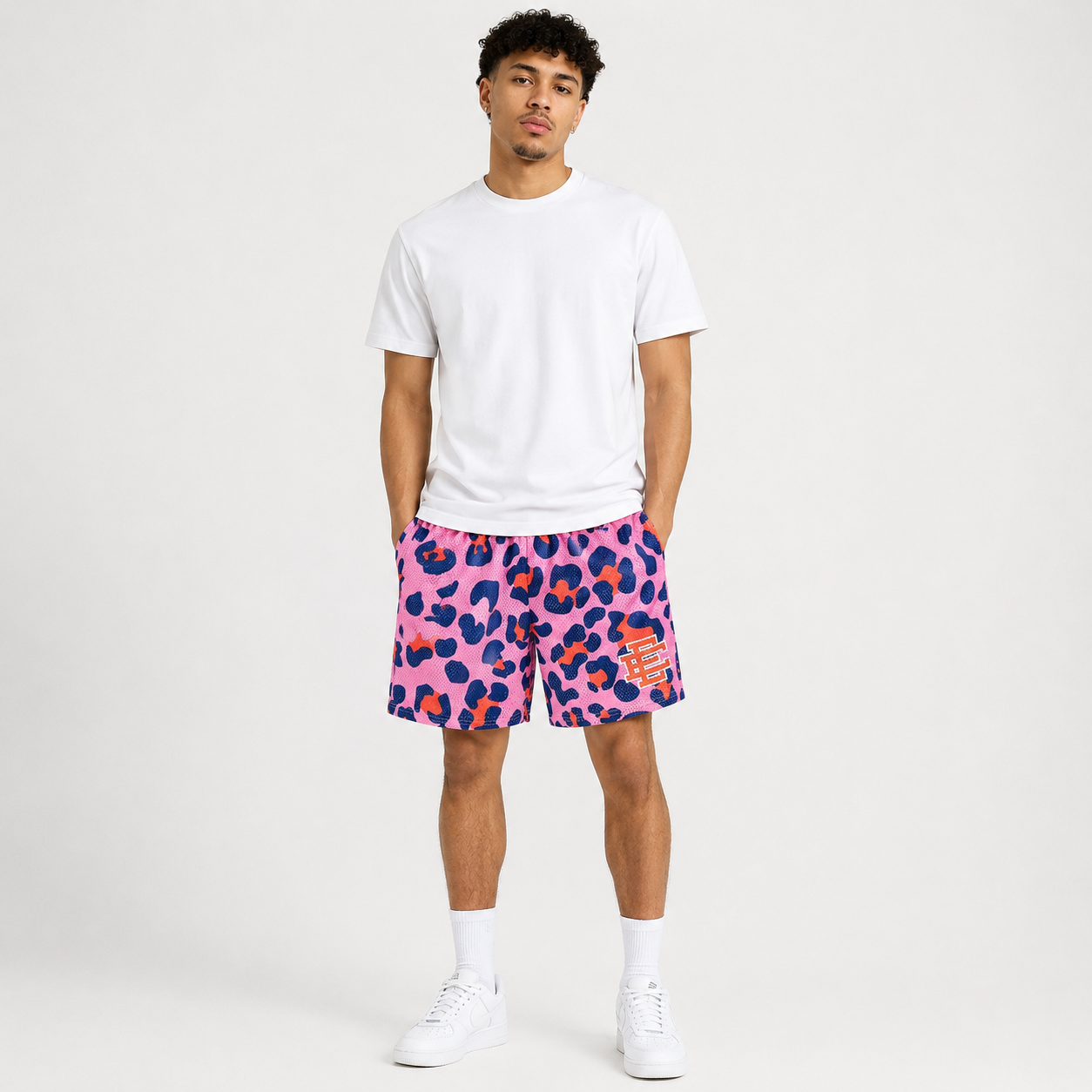 Pink Leopard mesh shorts - front angle view