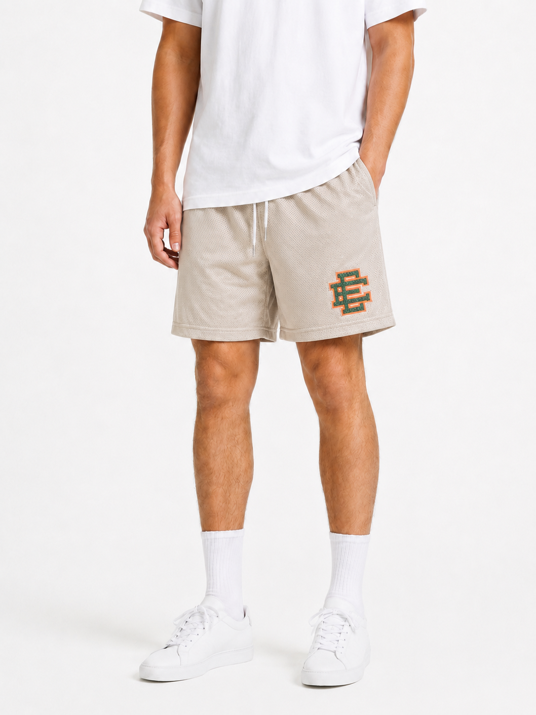 Satin Silver mesh shorts - front angle view