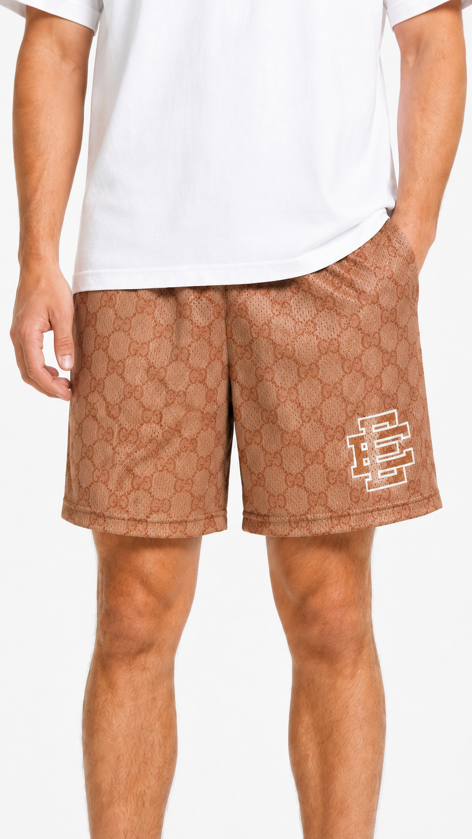 Tan Monogram mesh shorts - side view