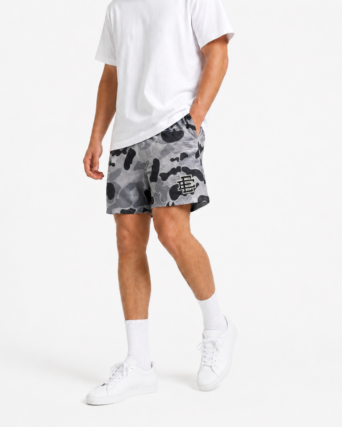 Grey Camo mesh shorts - lifestyle view