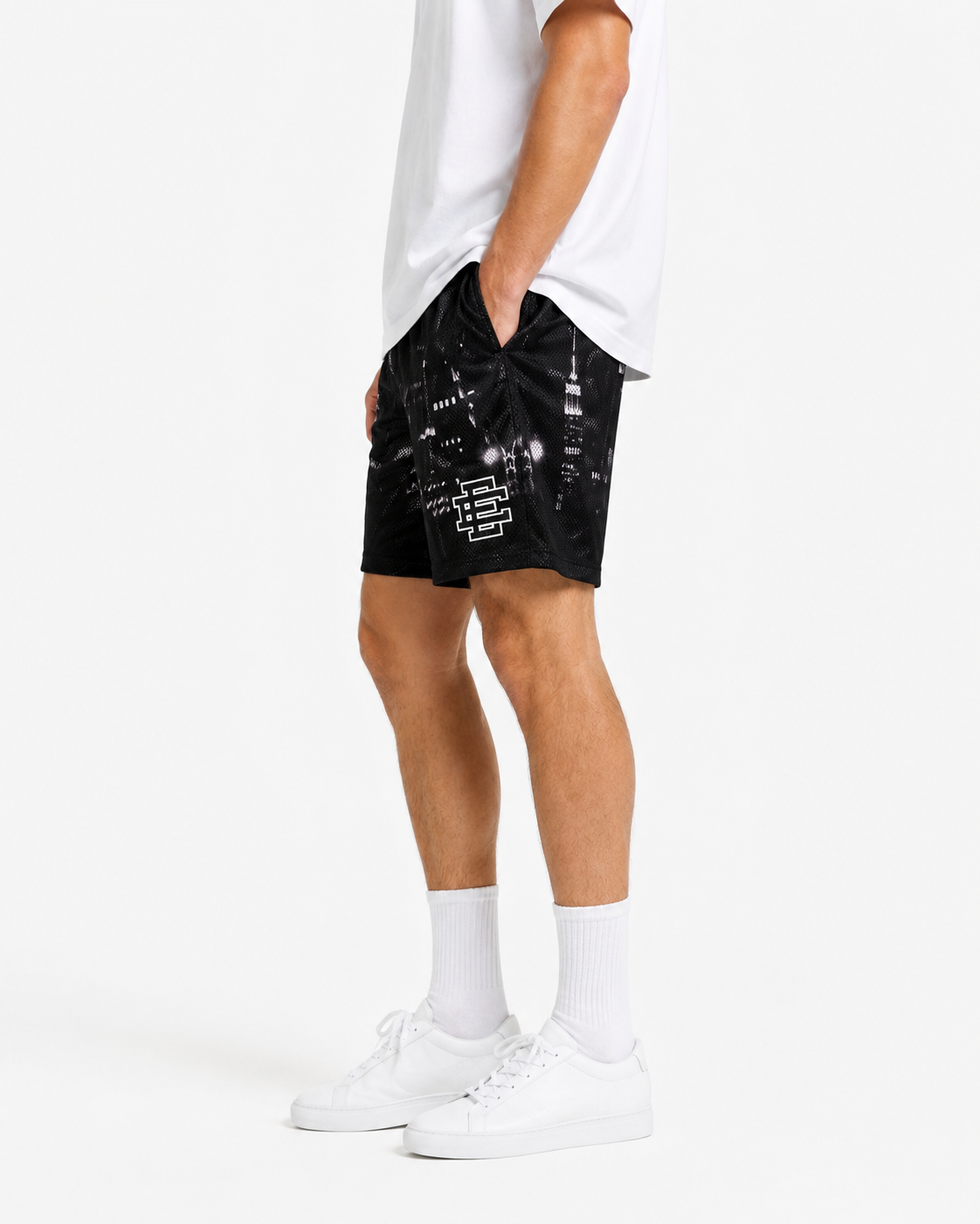 Black Paint Splatter mesh shorts - lifestyle view