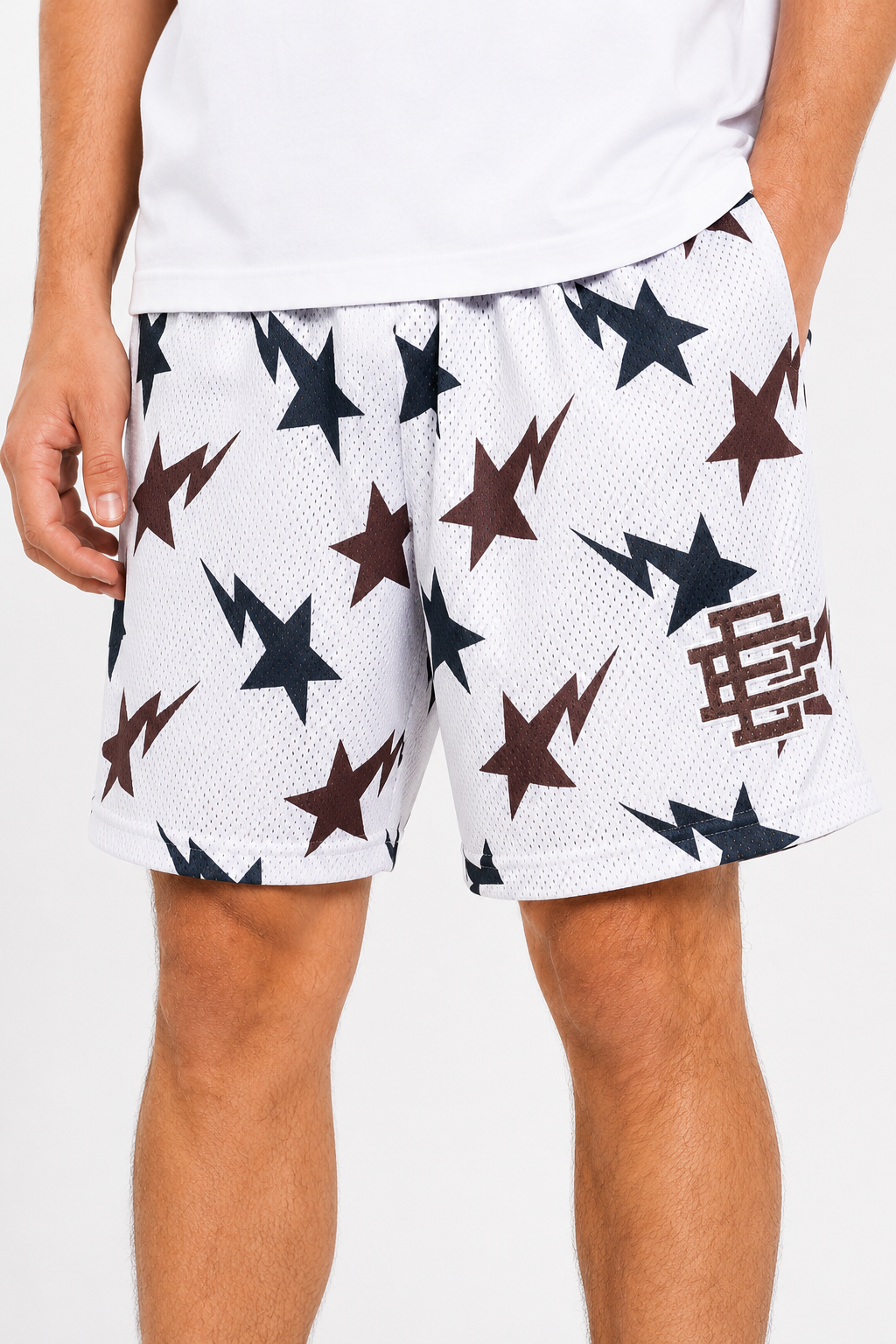 White Starfield mesh shorts - back angle view