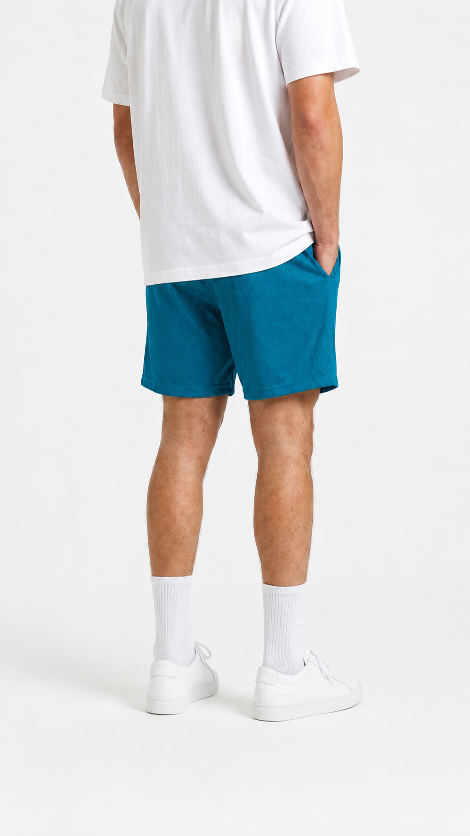 Teal Yellow Jacket mesh shorts - lifestyle view