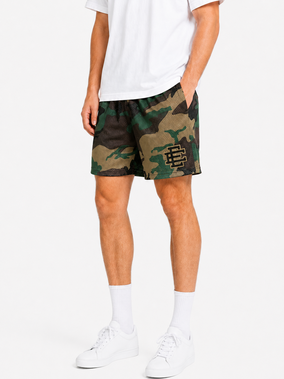 Woodland Camo mesh shorts - lifestyle view