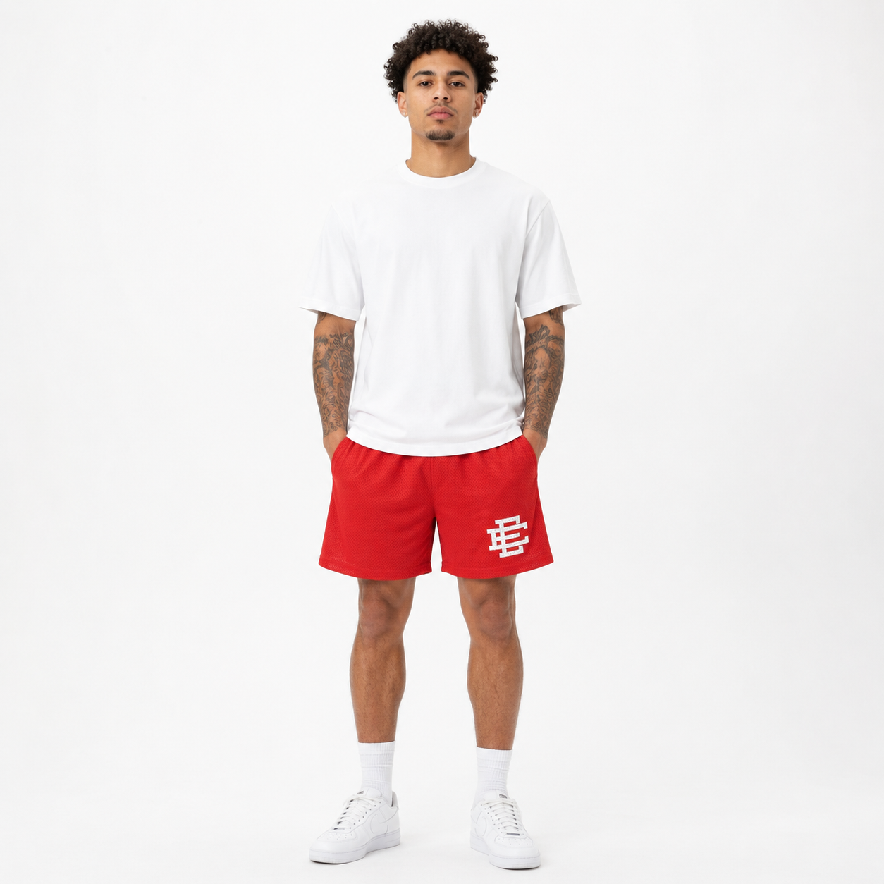 Scarlet Red mesh shorts - front angle view