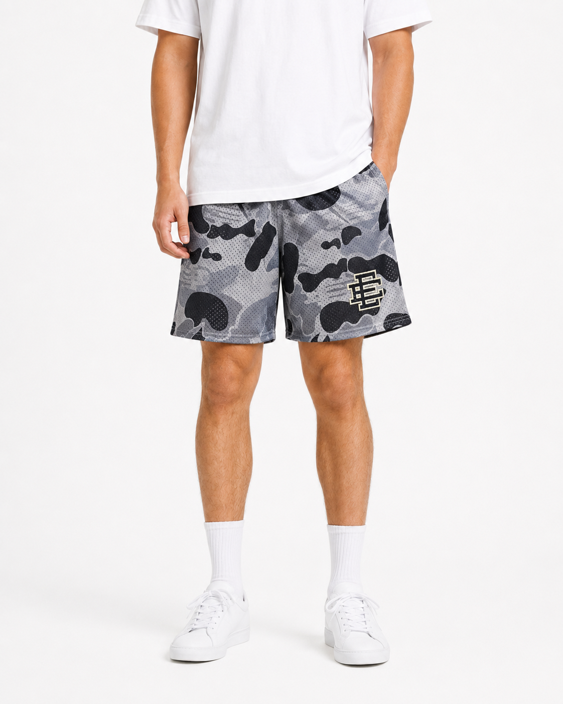 Grey Camo mesh shorts - side view