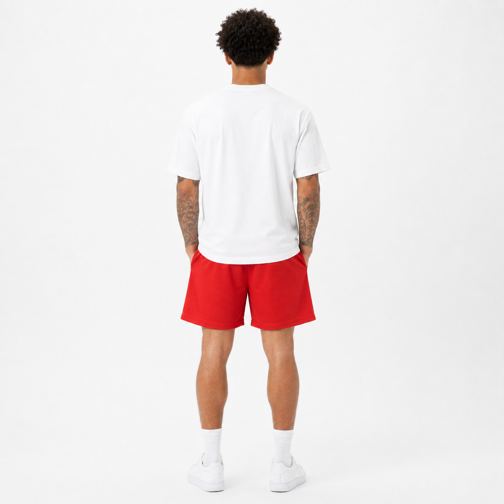 Scarlet Red mesh shorts - side view