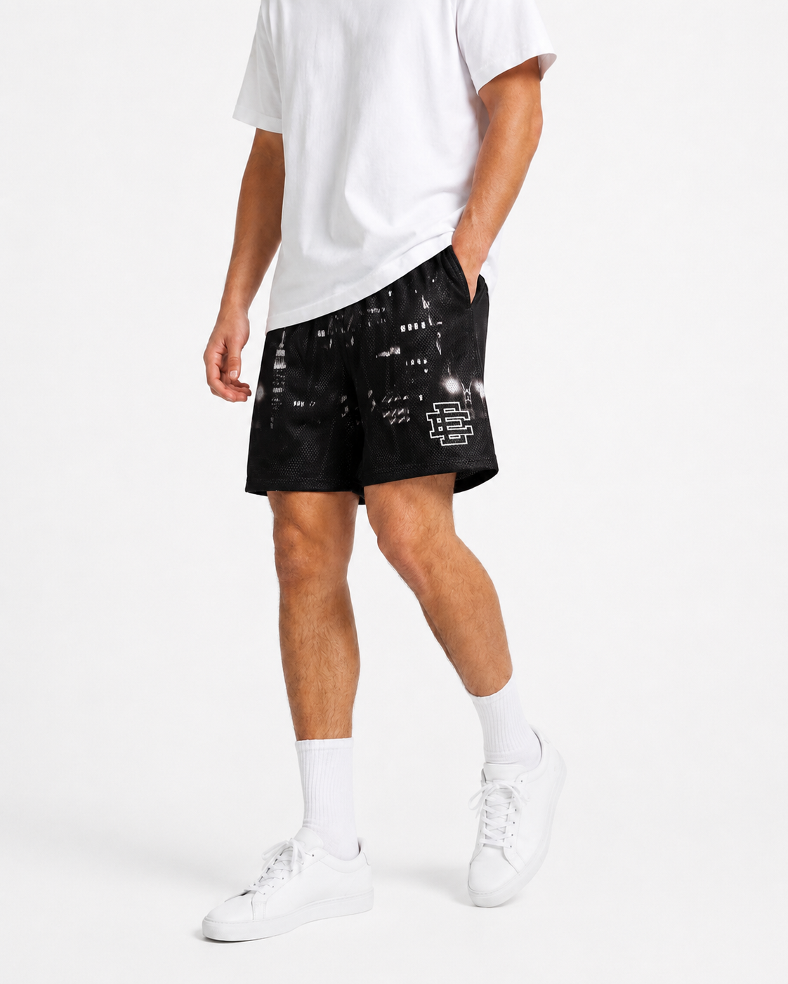 Black Paint Splatter mesh shorts - front angle view