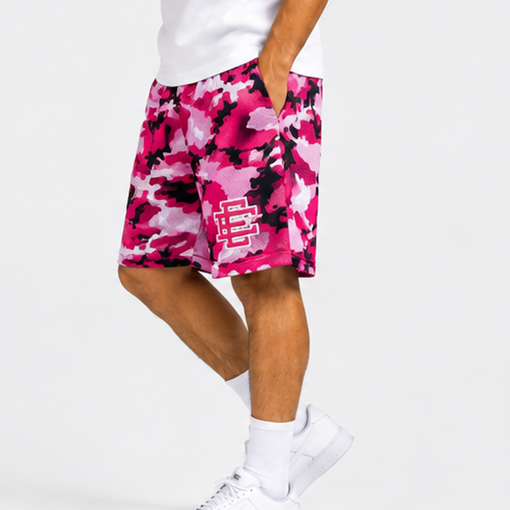 Pink Camo mesh shorts - back angle view