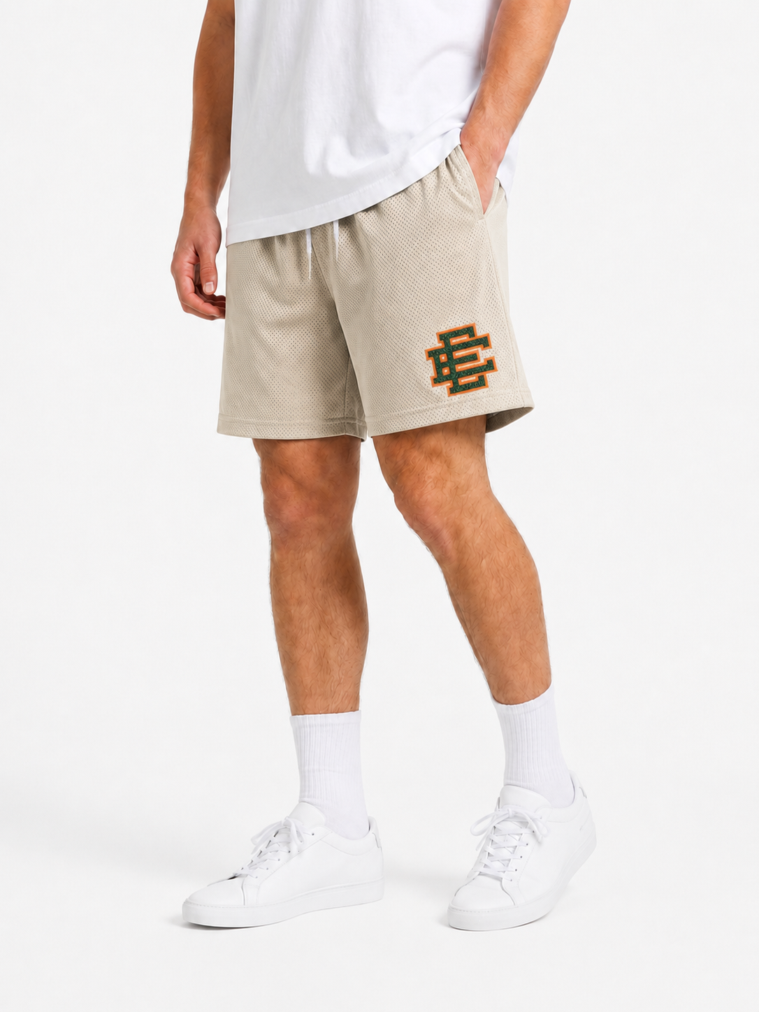 Satin Silver mesh shorts - back angle view